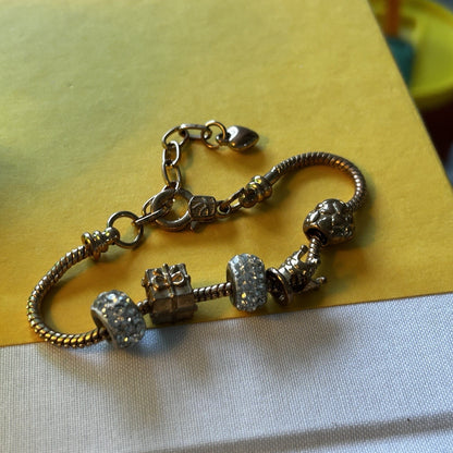 Gold Tone Adjustable Snake Chain Charm Bracelet with Crystal Bead Accents