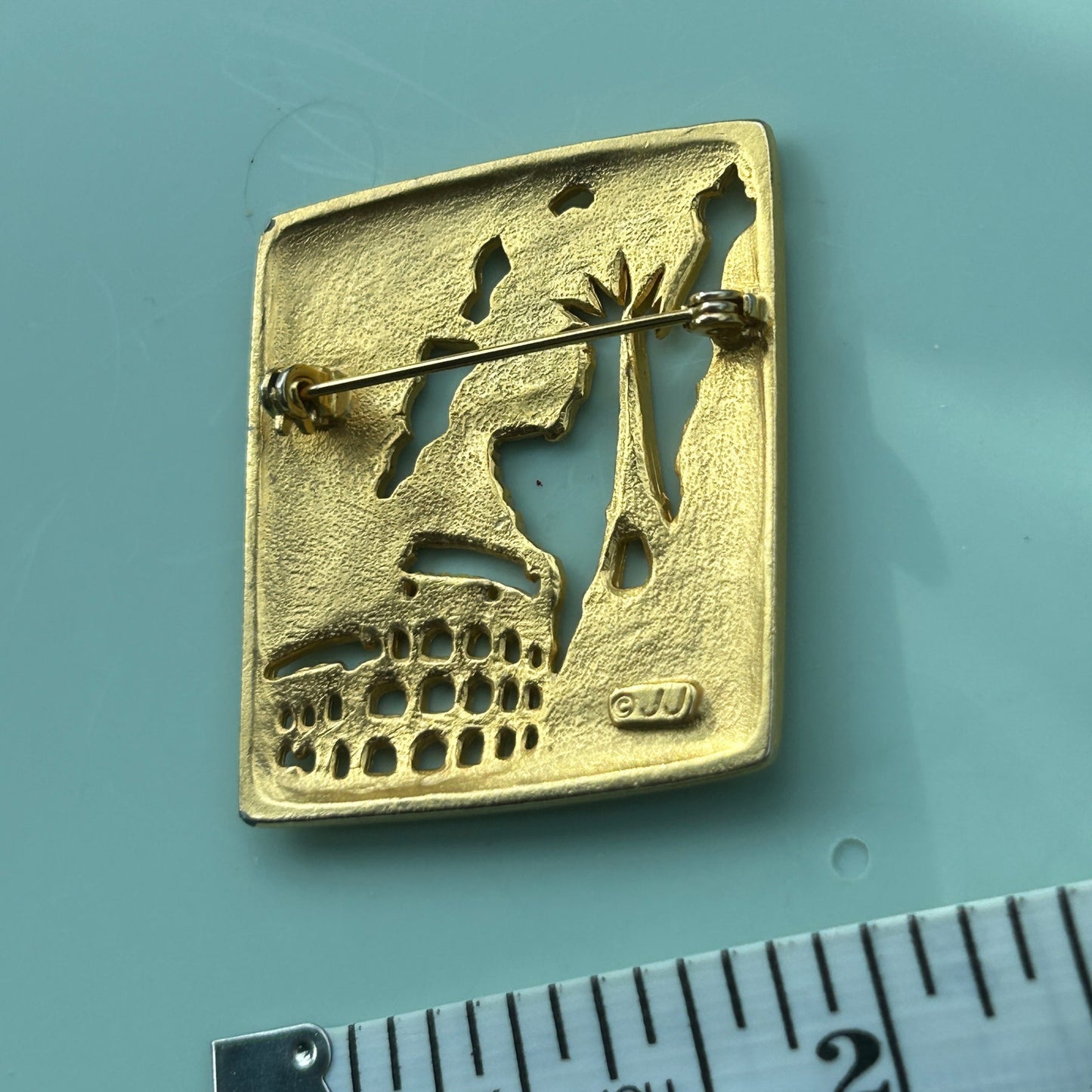 Vintage Gold-Tone World Travel Brooch | Cut-Out Silhouette Pin | Eiffel Tower