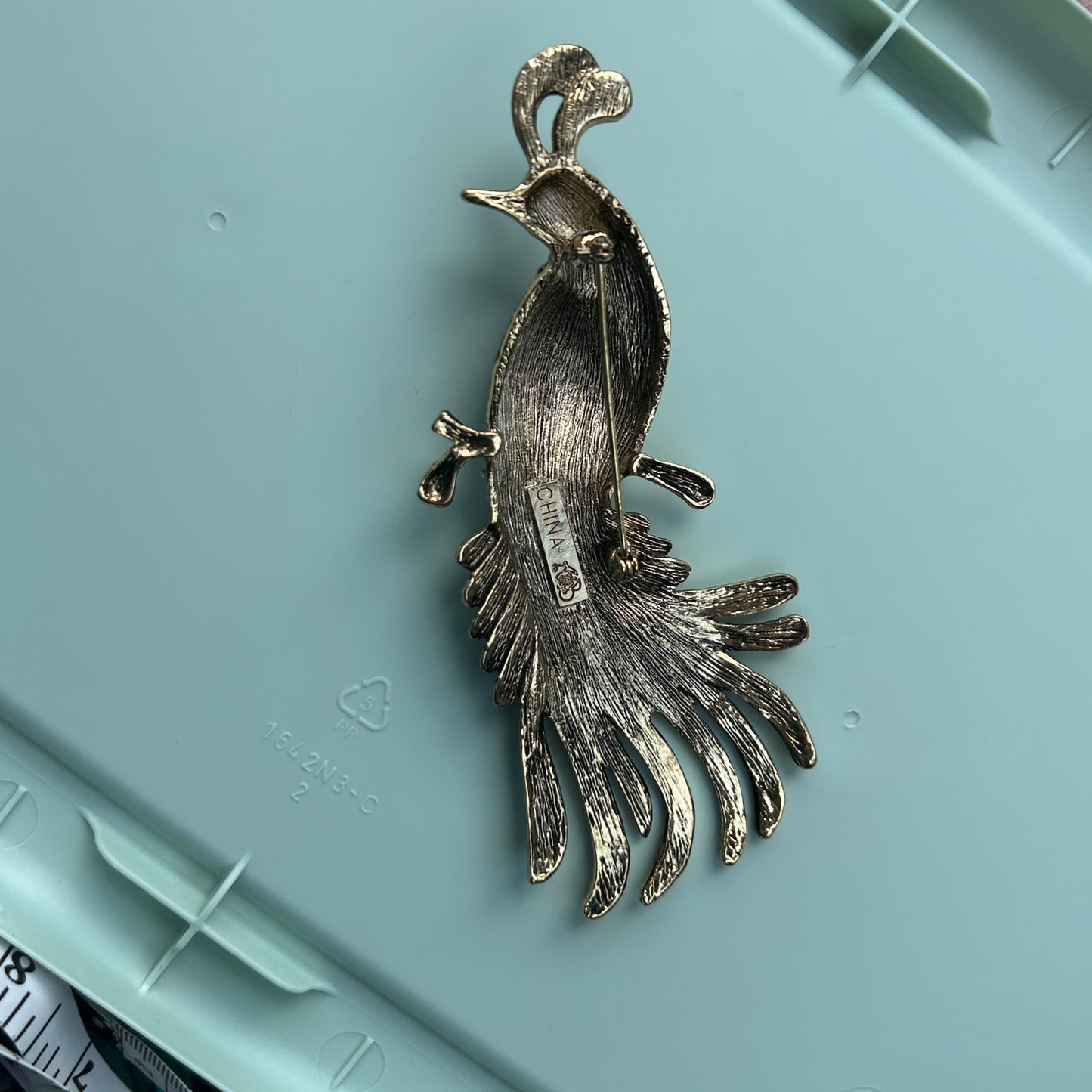 Vintage Regal Peacock Brooch – Large Gold Tone Statement Pin with Rhinestone Accents