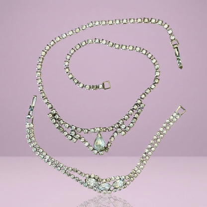 Vintage Silver Tone Rhinestone Necklace & Bracelet Set