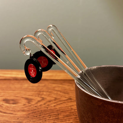 Columbia Glass Swizzle Sticks Set of 3 Record Shape Music Clear Black Red