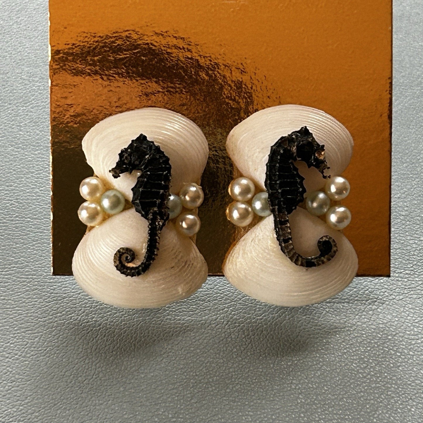 Shell & Pearl Seahorse Stud Earrings, Screw-Back, White & Black, Asymmetrical