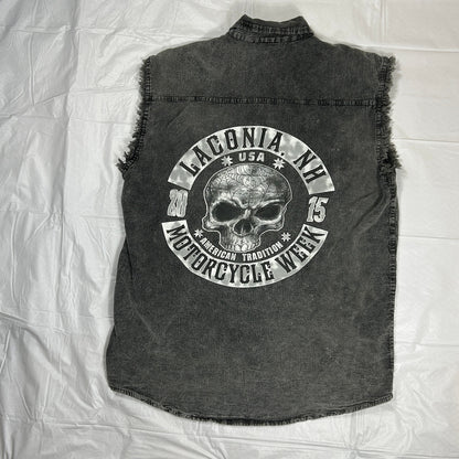 Vintage 2015 Laconia NH Motorcycle Week Cut Off Denim Shirt Men's XL Biker Vest