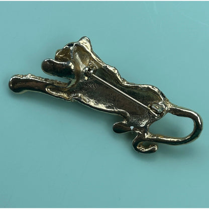 Vintage Gold Tone & Black Enamel Leopard Brooch - Prowling Cheetah Panther Pin