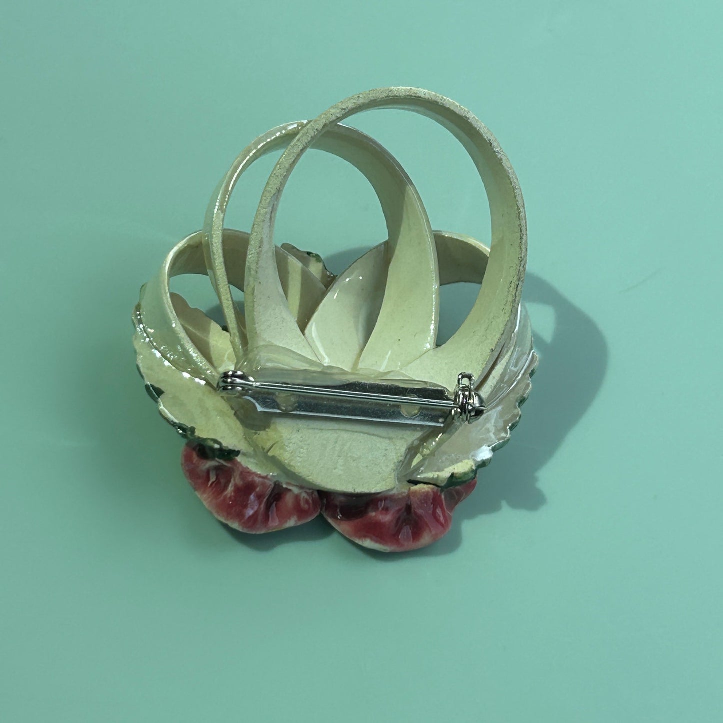 Vintage Hand-Painted Ceramic Rose Brooch, Dimensional Floral Bouquet Pin