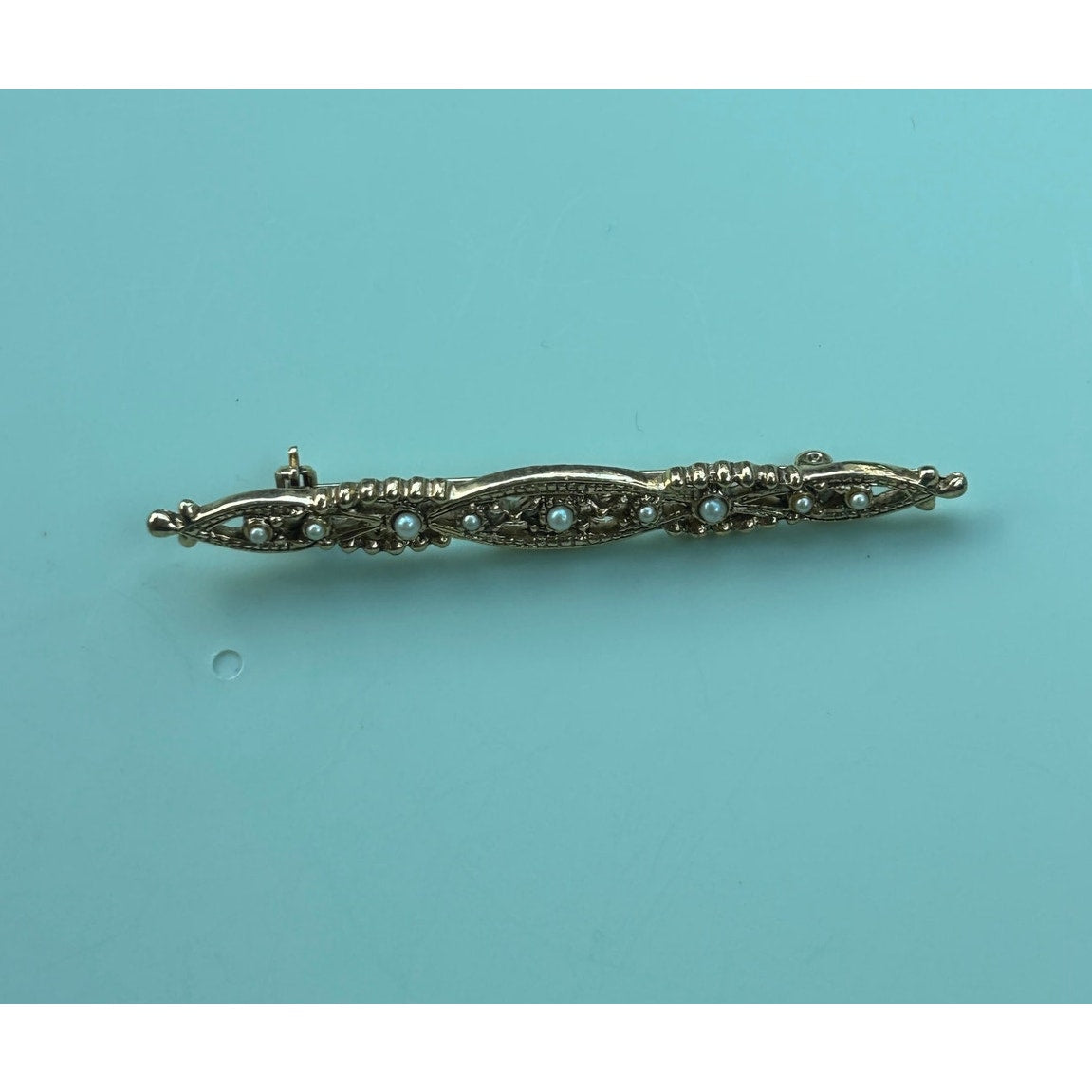 Vintage Gold Tone Filigree Bar Brooch with Faux Pearl Accents Elegant Bar Pin