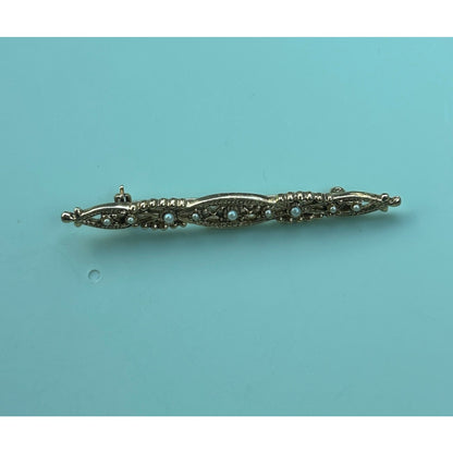 Vintage Gold Tone Filigree Bar Brooch with Faux Pearl Accents Elegant Bar Pin