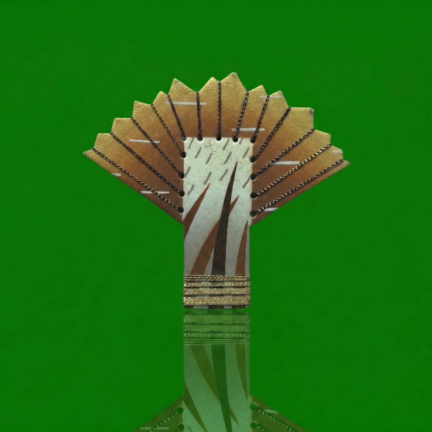 Vintage Hand-Painted Ceramic Fan Brooch | Asian-Inspired Bamboo & Sunrise Motif