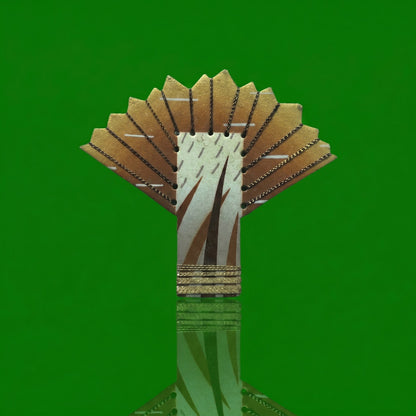Vintage Hand-Painted Ceramic Fan Brooch | Asian-Inspired Bamboo & Sunrise Motif