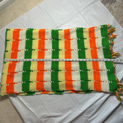 Vintage Handmade Crocheted Afgan Blanket, Orange, Green, Yellow and White, 40 x 66