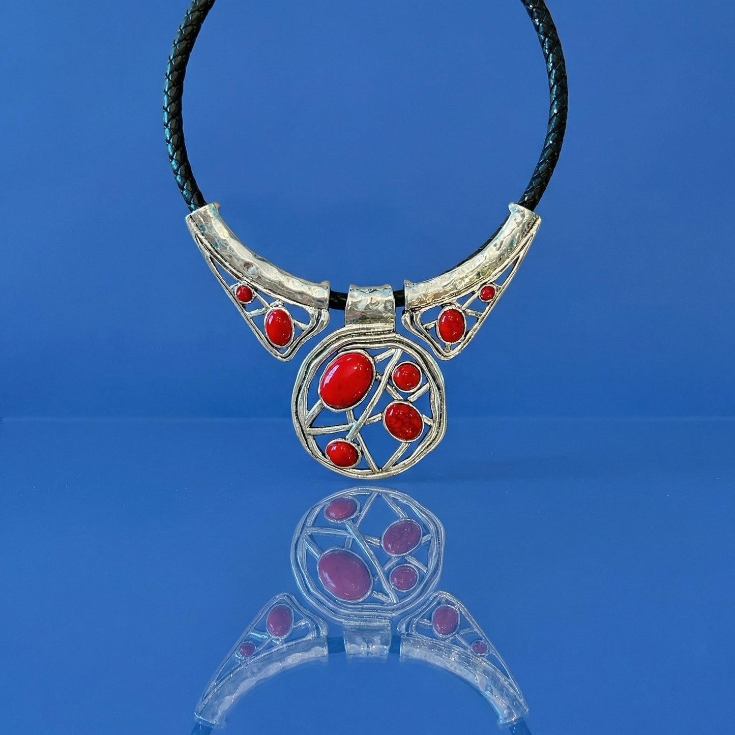 Vintage Southwestern Bib Necklace Red Faux Stone Silver Tone