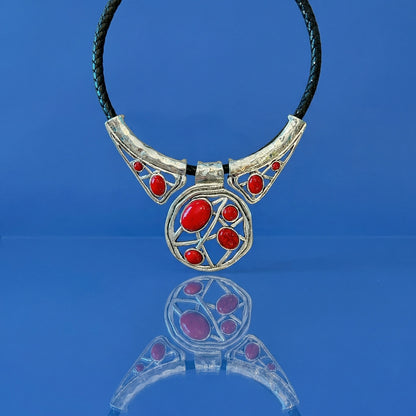 Vintage Southwestern Bib Necklace Red Faux Stone Silver Tone