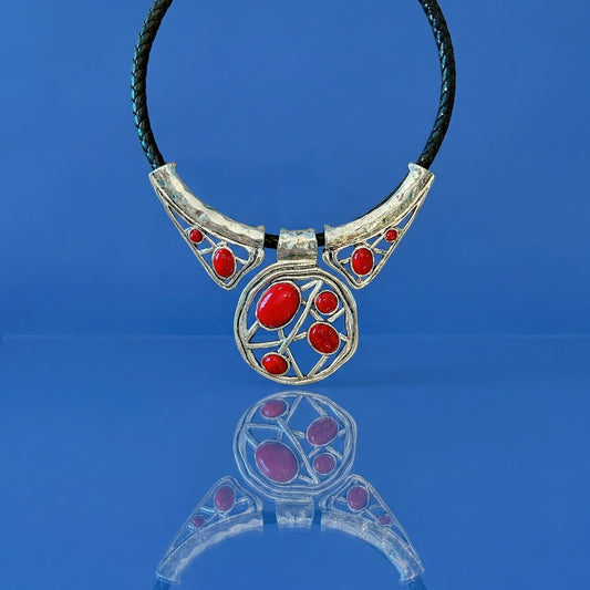 Vintage Southwestern Bib Necklace Red Faux Stone Silver Tone