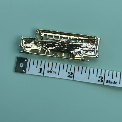 Vintage Gold Tone School Bus Brooch Pin with Red and Clear Rhinestone Accents