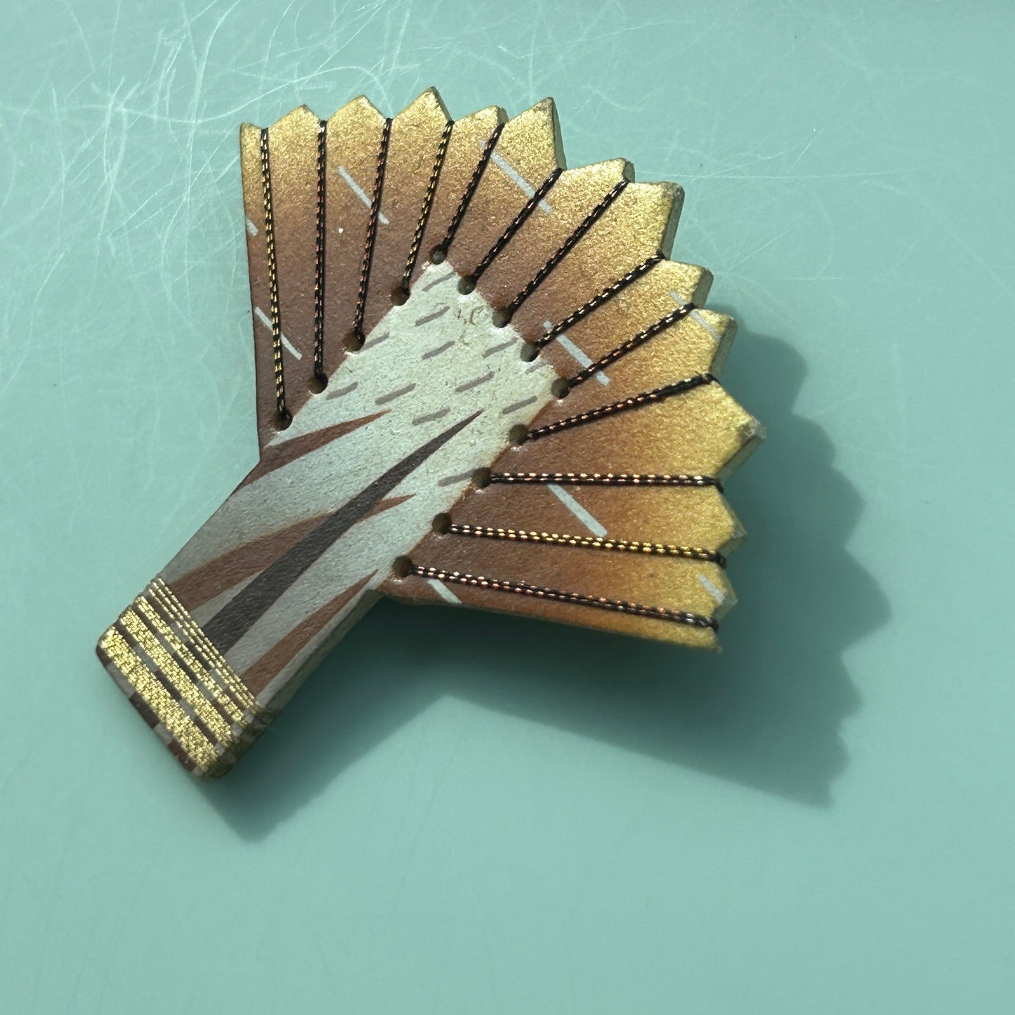 Vintage Hand-Painted Ceramic Fan Brooch | Asian-Inspired Bamboo & Sunrise Motif