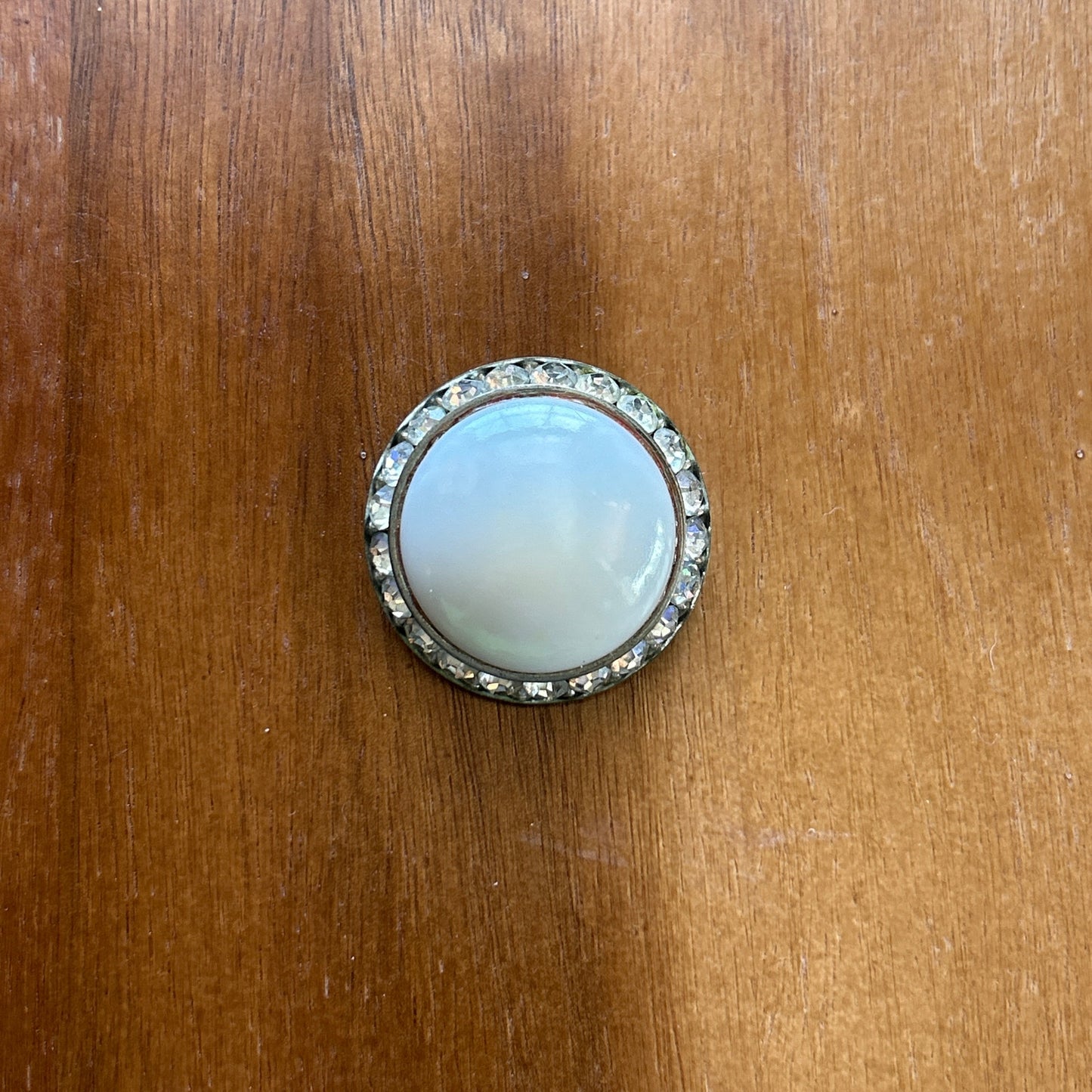Vintage Silver Tone Faux Pearl & Rhinestone Halo Brooch | Round Cabochon Pin