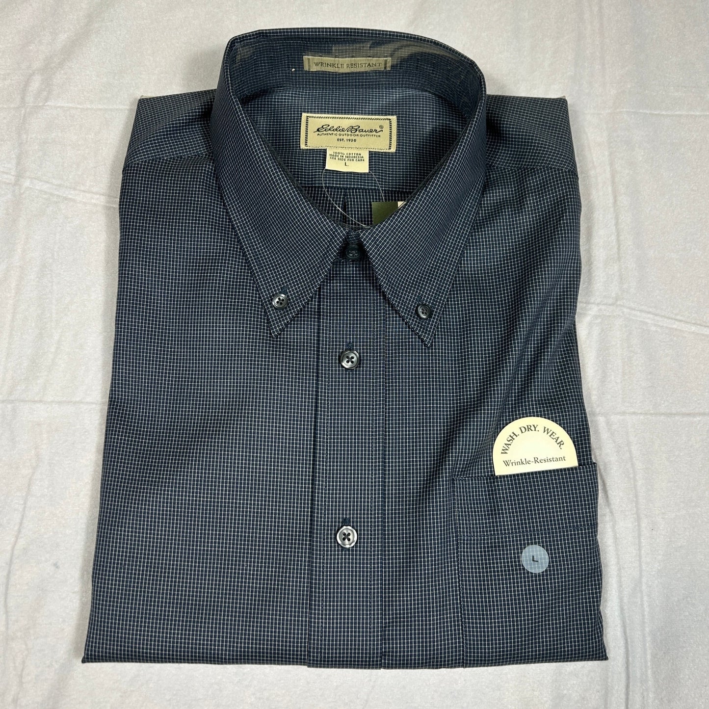 NWT Eddie Bauer Men’s Large Navy Micro-Check Wrinkle-Resistant Dress Shirt