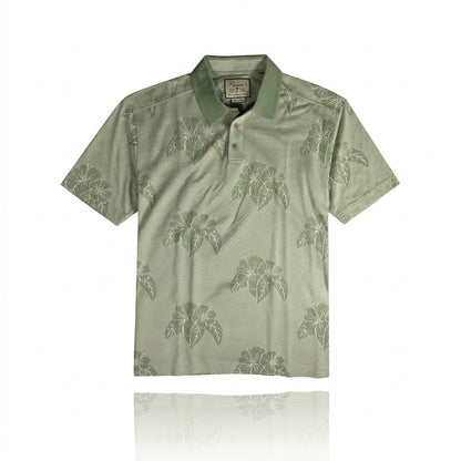 Pusser’s Tortola BVI Silk & Cotton Polo Shirt - Large - Sage Green Hibiscus Leaf Print