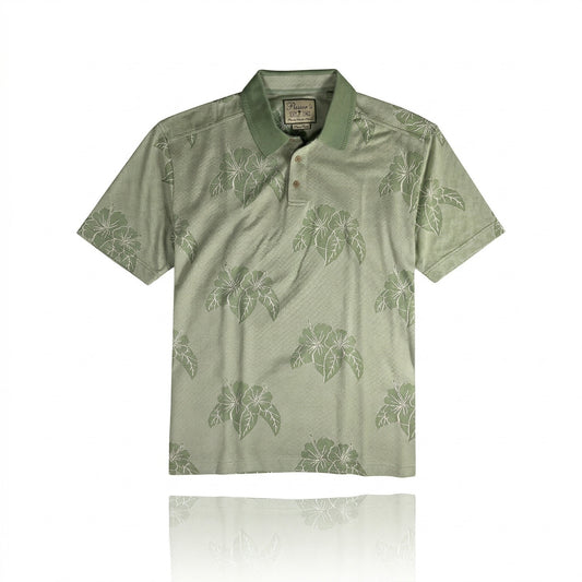 Pusser’s Tortola BVI Silk & Cotton Polo Shirt - Large - Sage Green Hibiscus Leaf Print