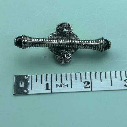 Vintage Art Deco Style Silver-Tone Bar Pin | Metal with Black & White Cabochon