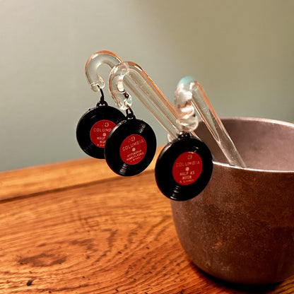 Columbia Glass Swizzle Sticks Set of 3 Record Shape Music Clear Black Red