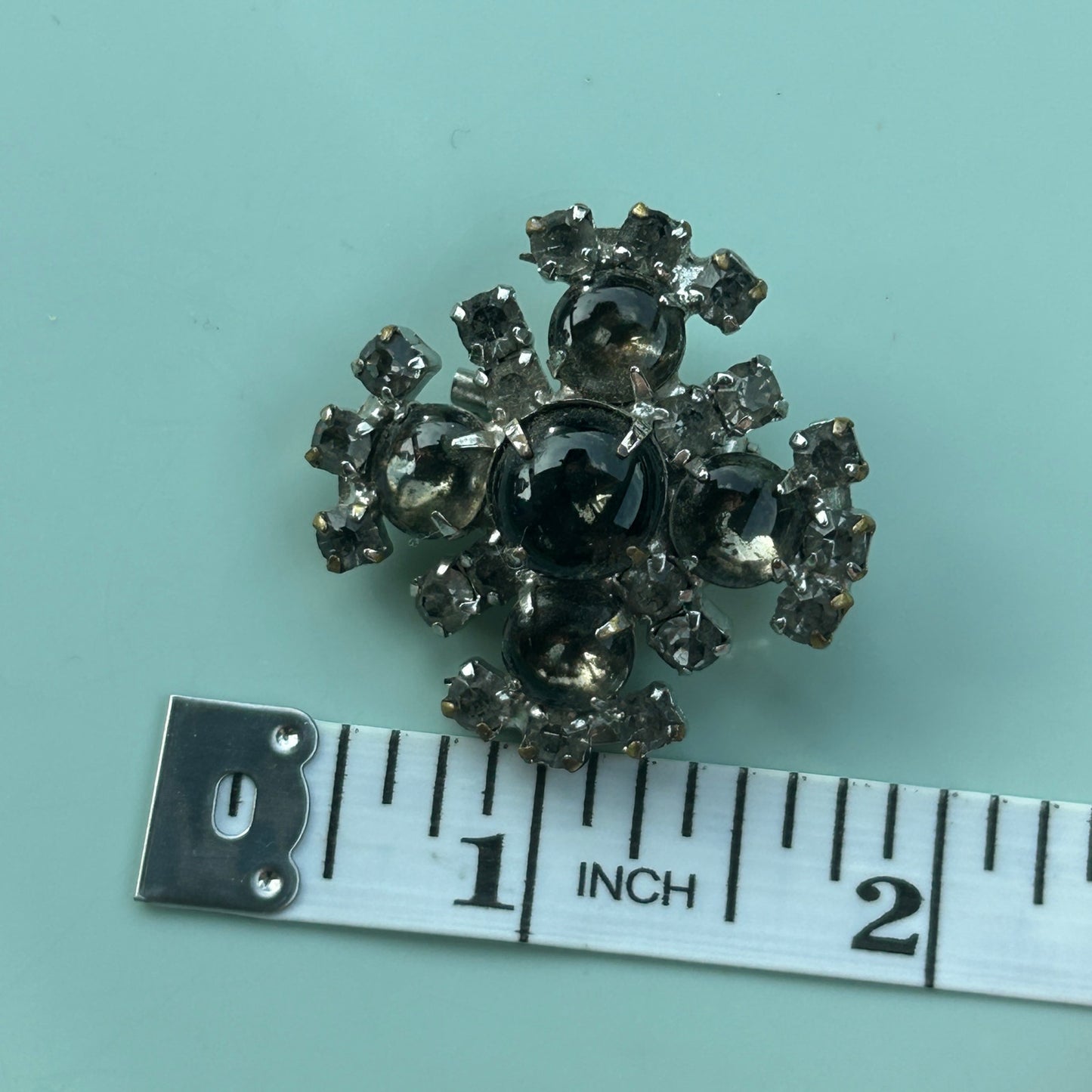 Vintage Smokey Quartz Style Rhinestone Brooch Silver Tone Statement Cluster Pin