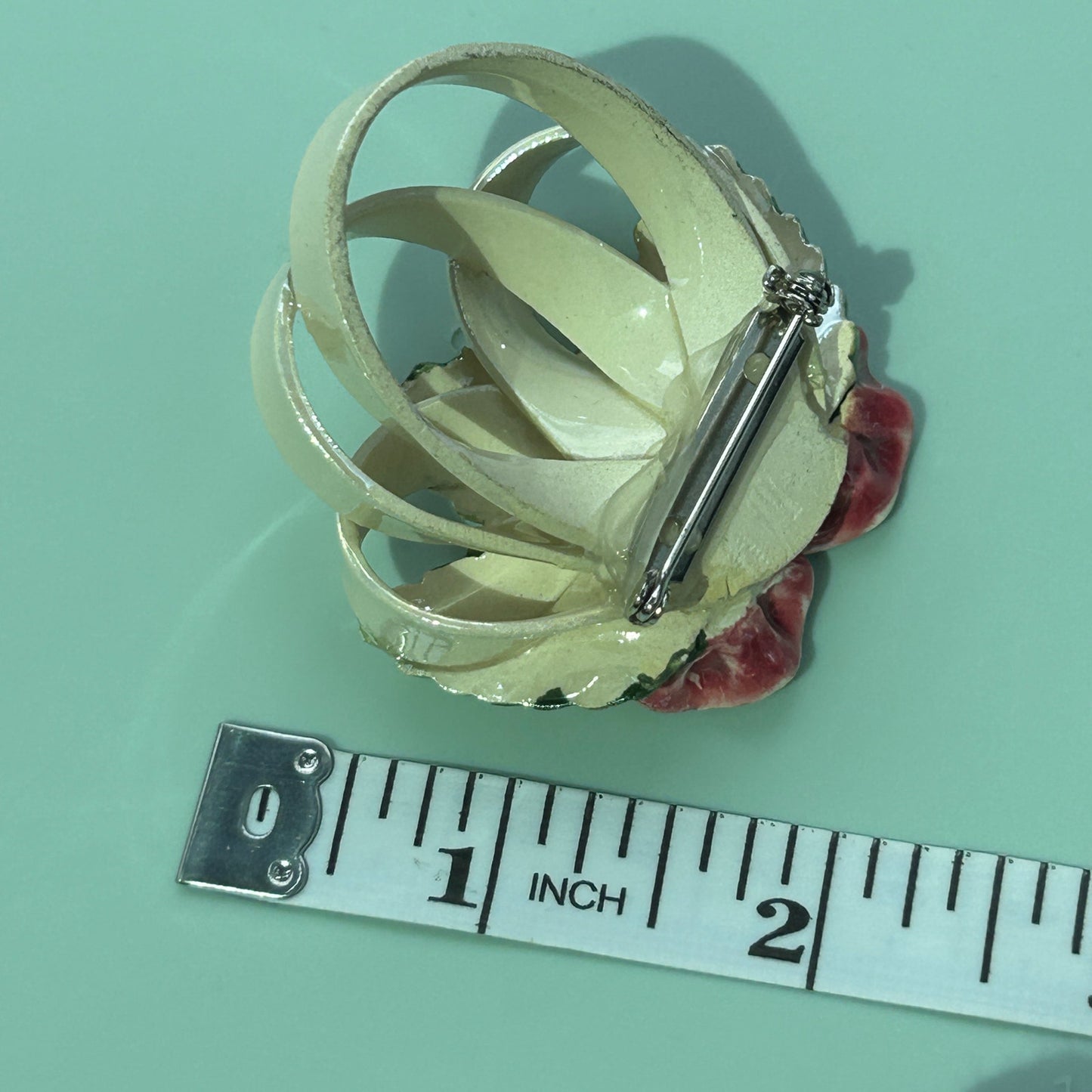 Vintage Hand-Painted Ceramic Rose Brooch, Dimensional Floral Bouquet Pin
