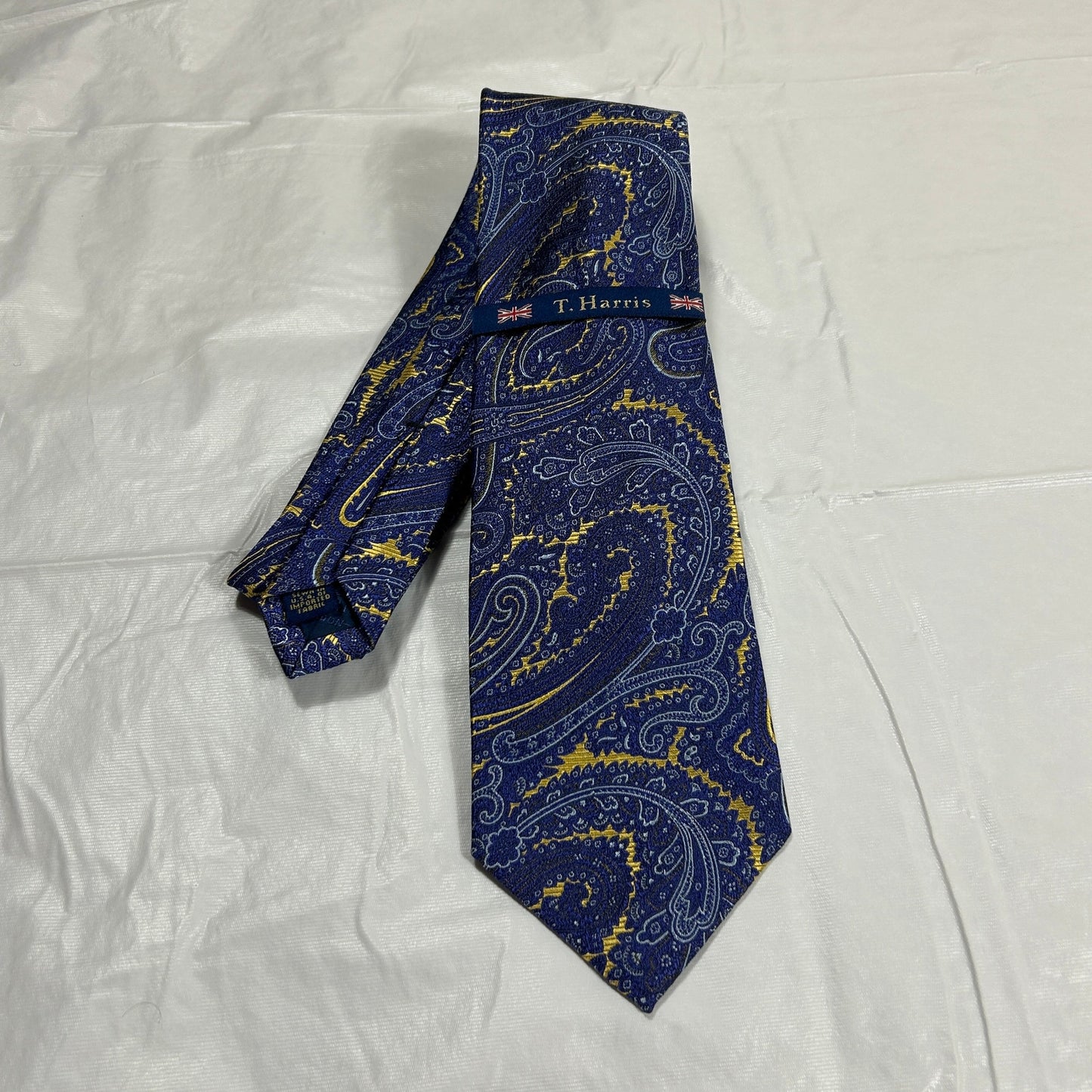 NWT T. Harris London Silk Tie Blue & Gold Paisley Luxury Men’s Necktie