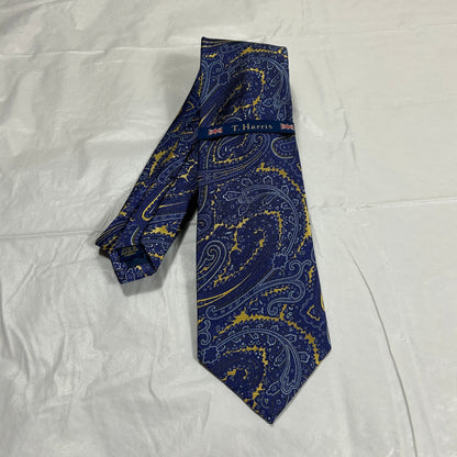 NWT T. Harris London Silk Tie Blue & Gold Paisley Luxury Men’s Necktie
