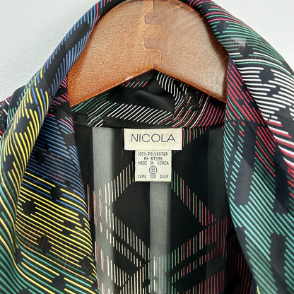 NICOLA Multicolor Geometric Chiffon Tie Neck Long Sleeve Blouse Size 8 Polyester