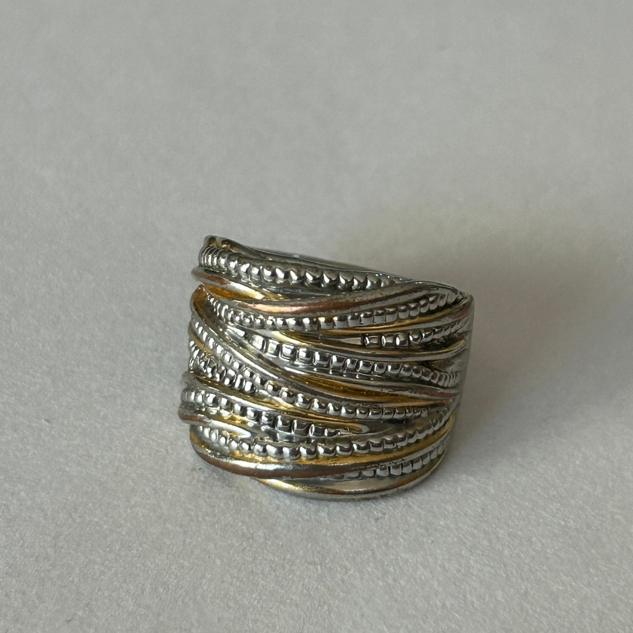 Two-Tone Silver & Gold-Tone Ribbed Statement Ring Size 7