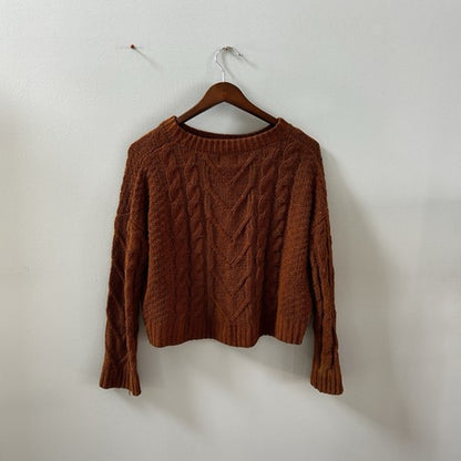 Pink Rose Brown Cable-Knit Pullover Sweater Crew Neck 100% Polyester Size L