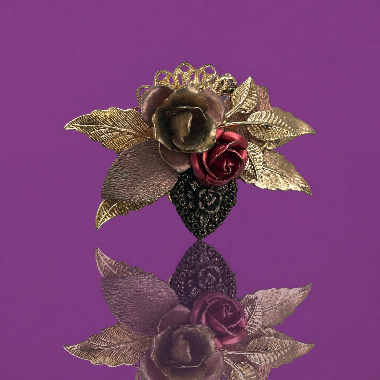 Vintage Mixed Metal Rose Brooch Gold Copper and Red Enamel Floral Pin
