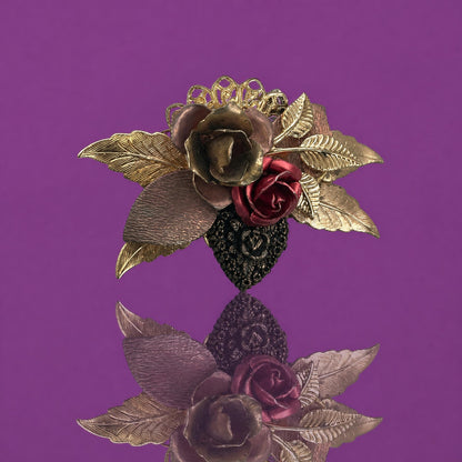 Vintage Mixed Metal Rose Brooch Gold Copper and Red Enamel Floral Pin