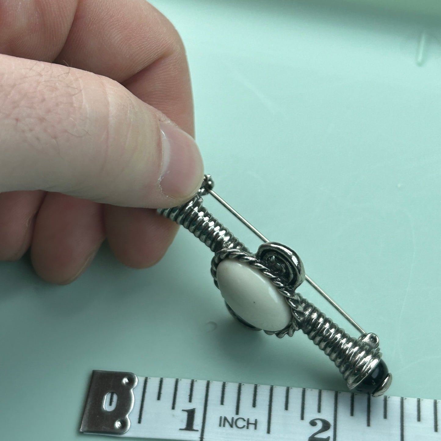Vintage Art Deco Style Silver-Tone Bar Pin | Metal with Black & White Cabochon