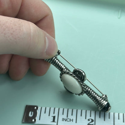 Vintage Art Deco Style Silver-Tone Bar Pin | Metal with Black & White Cabochon