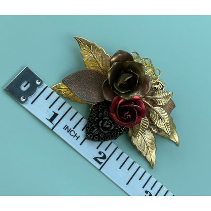 Vintage Mixed Metal Rose Brooch Gold Copper and Red Enamel Floral Pin