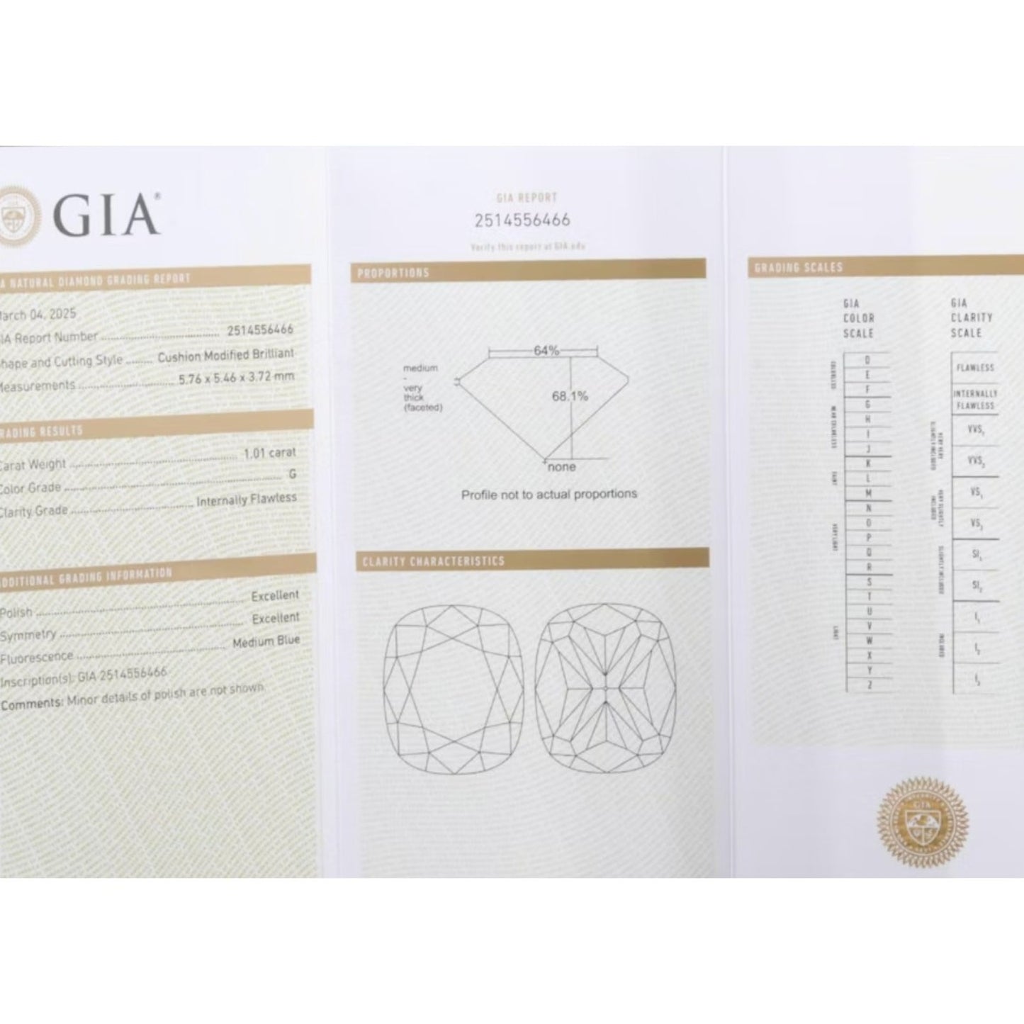 GIA Certified 1.01 CT Internally Flawless Cushion Cut Diamond Ring, 18k, 6.25 Sz