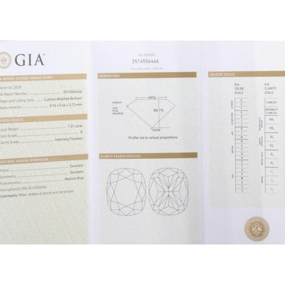 GIA Certified 1.01 CT Internally Flawless Cushion Cut Diamond Ring, 18k, 6.25 Sz