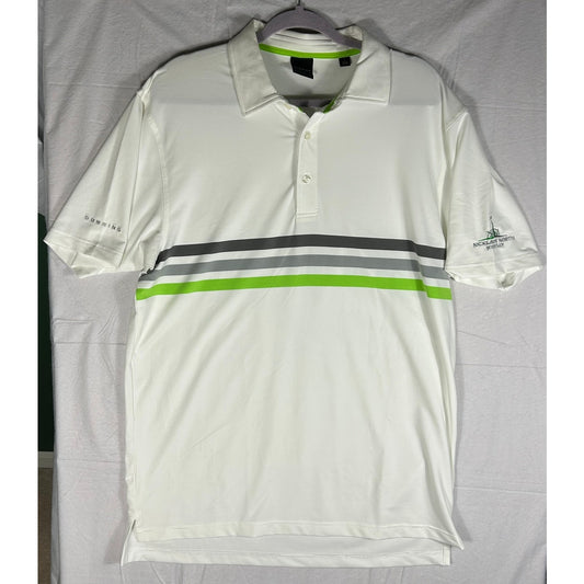 Dunning Golf Men's Large Performance Polo Shirt White with Green & Gray Stripes