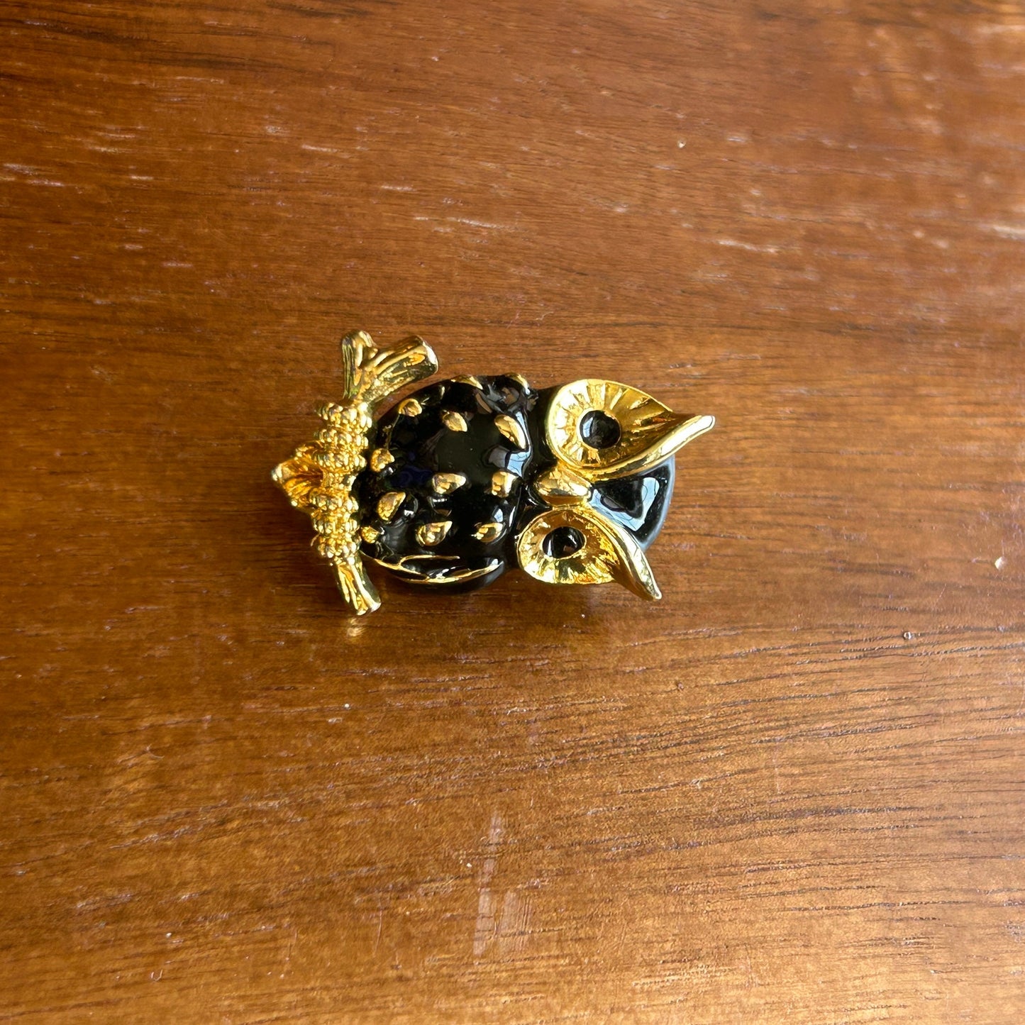 Vintage Enamel Owl Brooch | Gold Tone & Black Mid-Century Bird Pin, Owl Jewelry