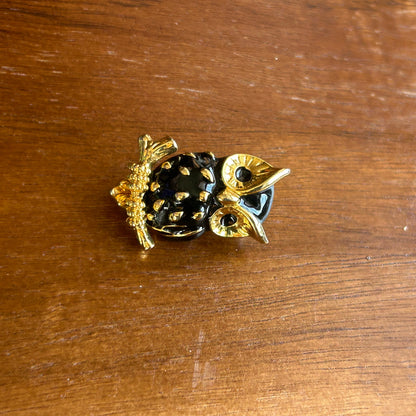 Vintage Enamel Owl Brooch | Gold Tone & Black Mid-Century Bird Pin, Owl Jewelry