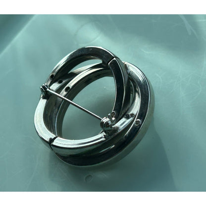 Vintage Silver Tone Triple Interlocking Circle Brooch with Faux Pearl Accent