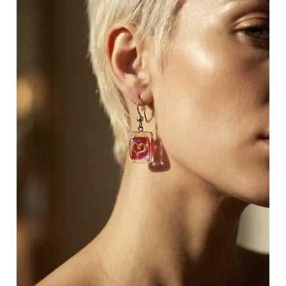 Handmade Red and Purple Dichroic Fused Glass Drop Earrings
