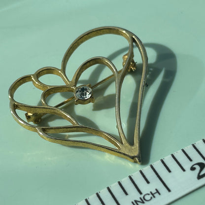 Vintage Gold Tone Open Heart Brooch Pin Rhinestone Filigree Art Nouveau Style