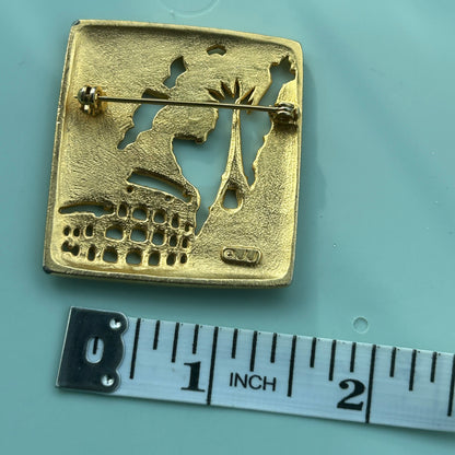 Vintage Gold-Tone World Travel Brooch | Cut-Out Silhouette Pin | Eiffel Tower