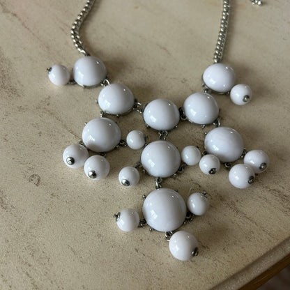 White Cabochon Statement Necklace - Silver Tone Mod Style Bib - 8"