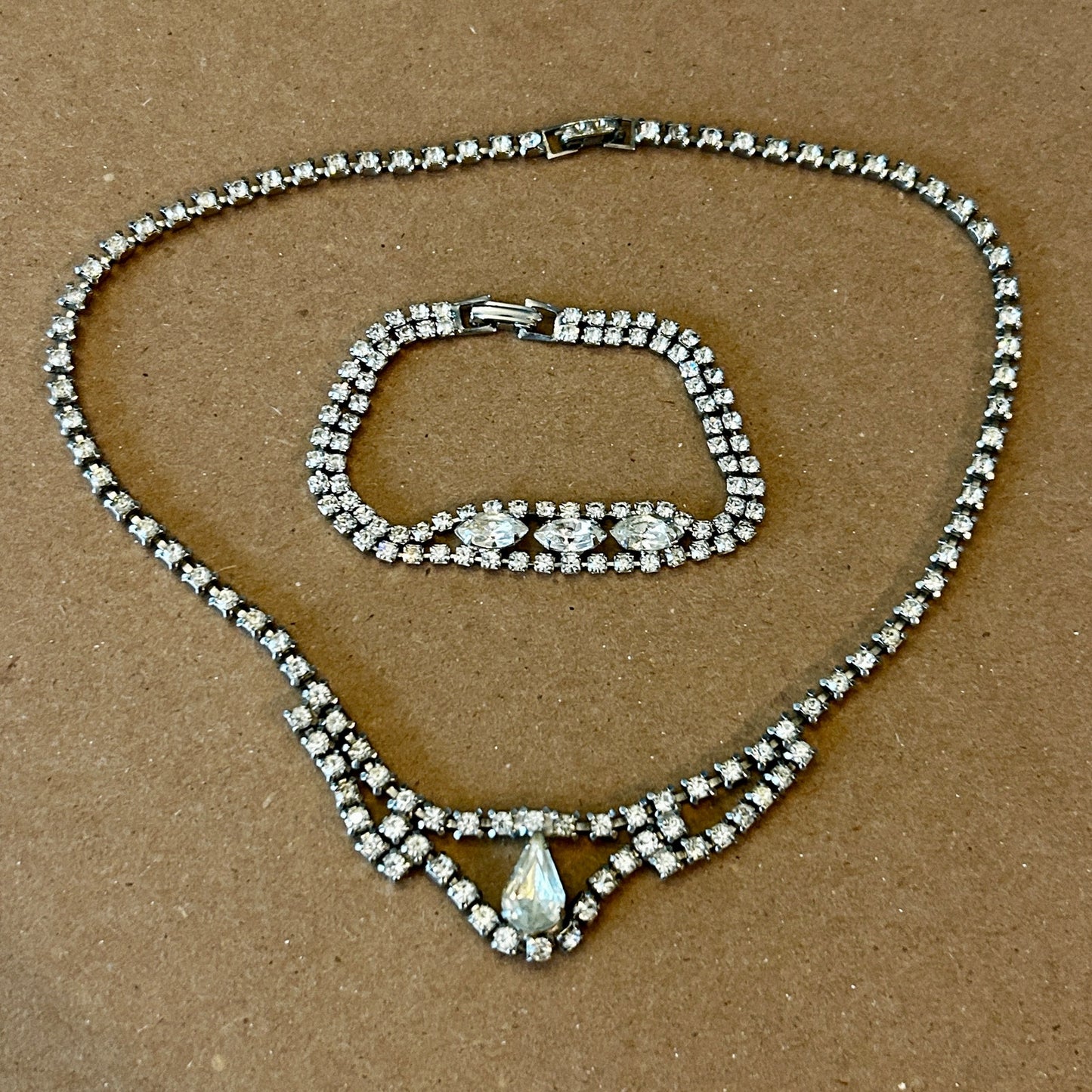 Vintage Silver Tone Rhinestone Necklace & Bracelet Set