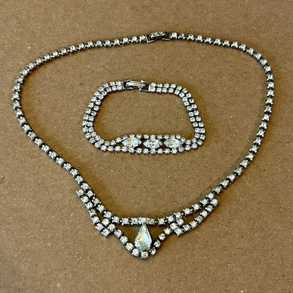 Vintage Silver Tone Rhinestone Necklace & Bracelet Set
