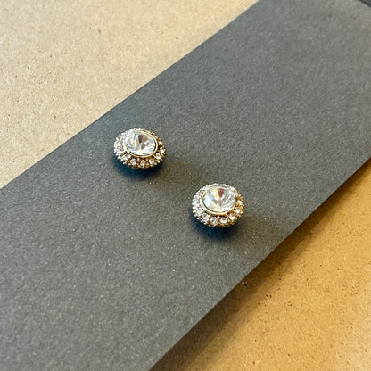 Vintage Gold Tone Round Rhinestone Halo Stud Earrings